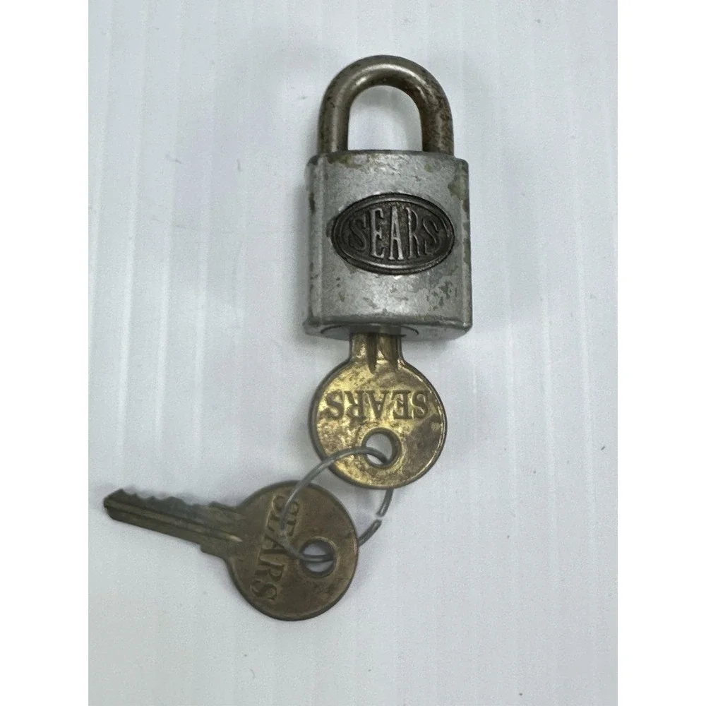 Vintage Oval 3D Badge SEARS Grey Small Padlock 2 Original Keys WORKS Made In USA